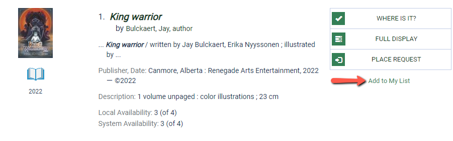 A screenshot of the listing for “King Warrior” by Jay Bulckaert. On the right side of the listing, an arrow points at the button “Add to My List."