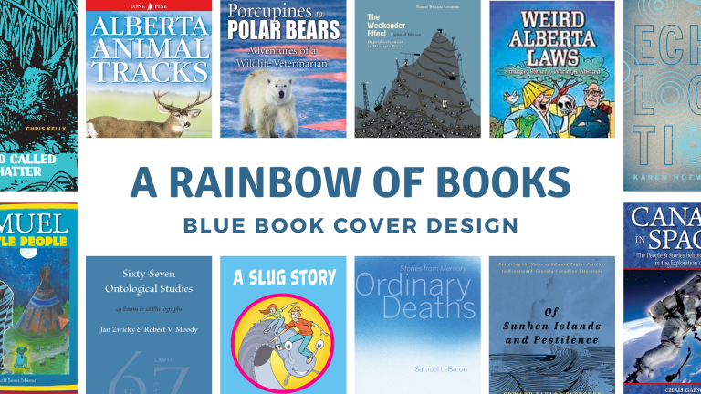 Feature image with the message “A Rainbow of Books: Blue Book Cover Design”. Displayed around the text are various book covers with blue designs.