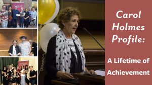 Feature graphic for Carol Holmes Profile: A Lifetime Achievement: A collage of photos of Carol with Writers' Guild of Alberta members.