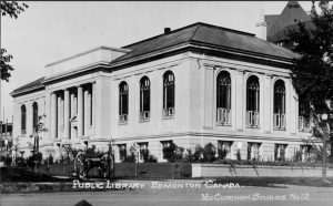 Black and white photograph of Edmonton Public Library Side Elevation