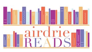 A graphic of two floating book shelves, with books. On the bottom shelf is the text "airdrie READS"