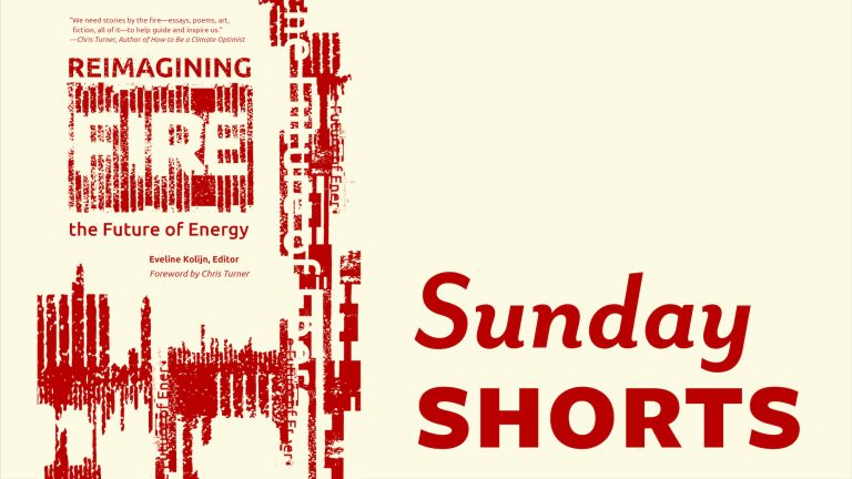 Feature Image for March 2023 Sunday Short: Sunday Shorts is written in Red text on an ivory background. To the left of the text is the book cover for “Reimagining Fire” edited by Eveline Kolijn.