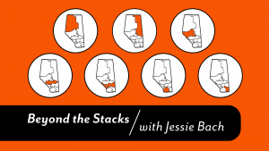 Feature image for Beyond the Stacks with Jessie Bach shows maps indicating the regional library systems in Alberta.