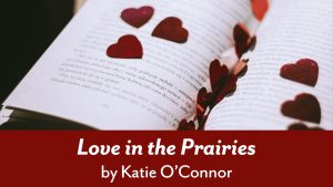 An open book with red paper hearts gathered in the spine. "Love in the Prairies by Katie O'Connor" is written in white text on a red background at the bottom of the image.