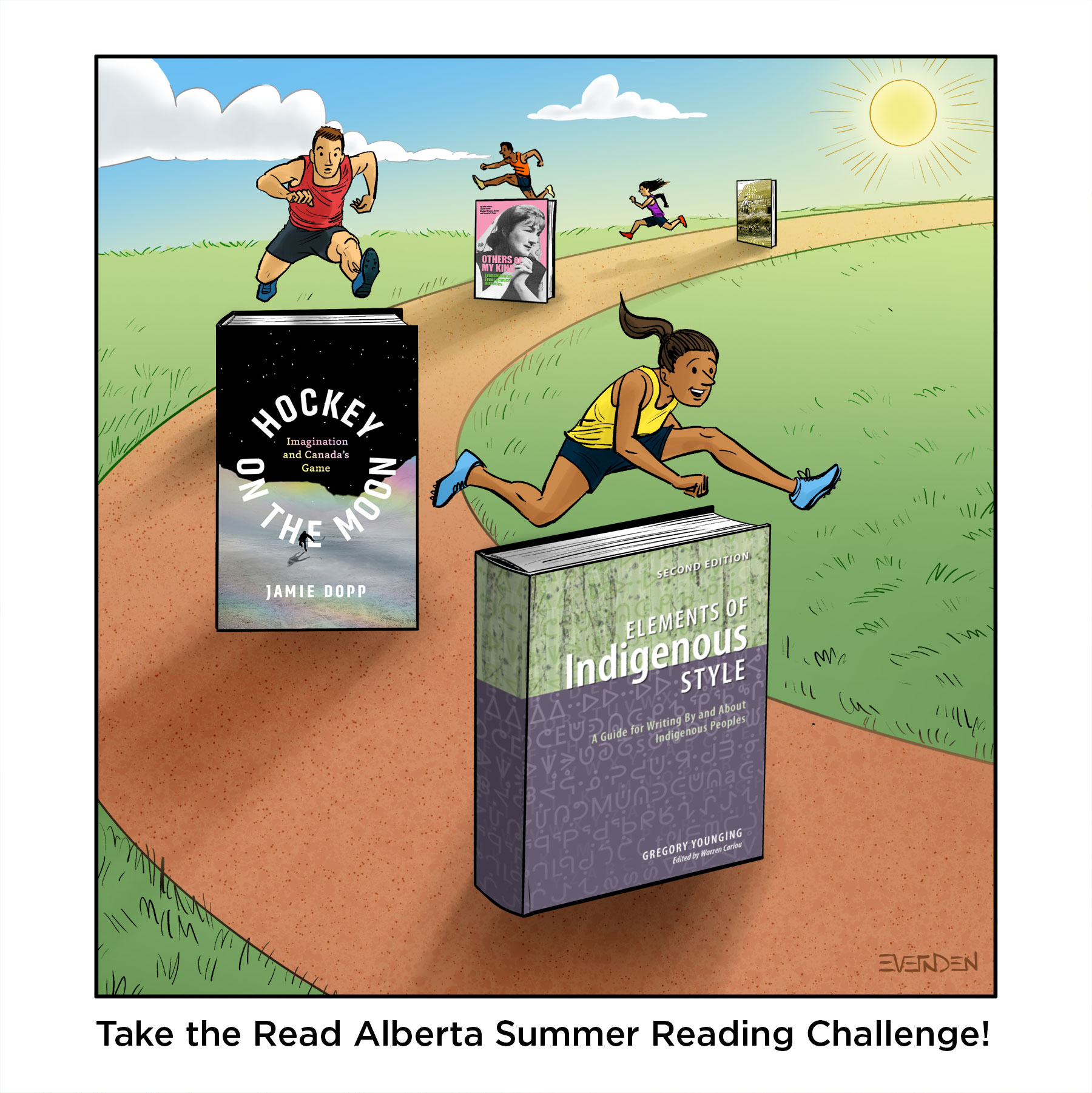 Four track and field runners jump over books as if they were hurdles. The text below reads: "take the Read Alberta Summer Reading Challenge".