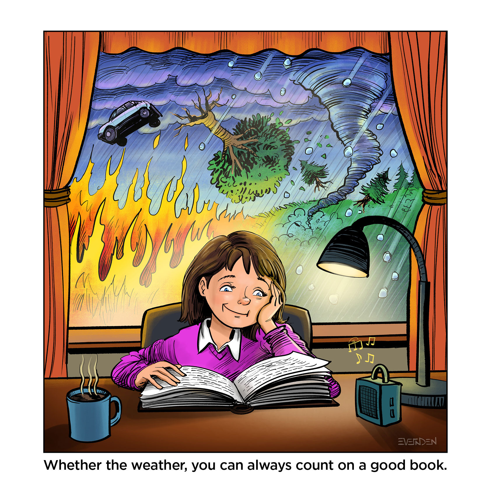Image: A child calmly reading at a desk by a lamp and mug as fire, a tornado, and flooding swirl outside the window, illustrating that a good book provides comfort and escape from chaotic weather. The caption reads: Whether the weather, you can always count on a good book. August 2026 Read Alberta Editorial Cartoon by Derek Evernden.