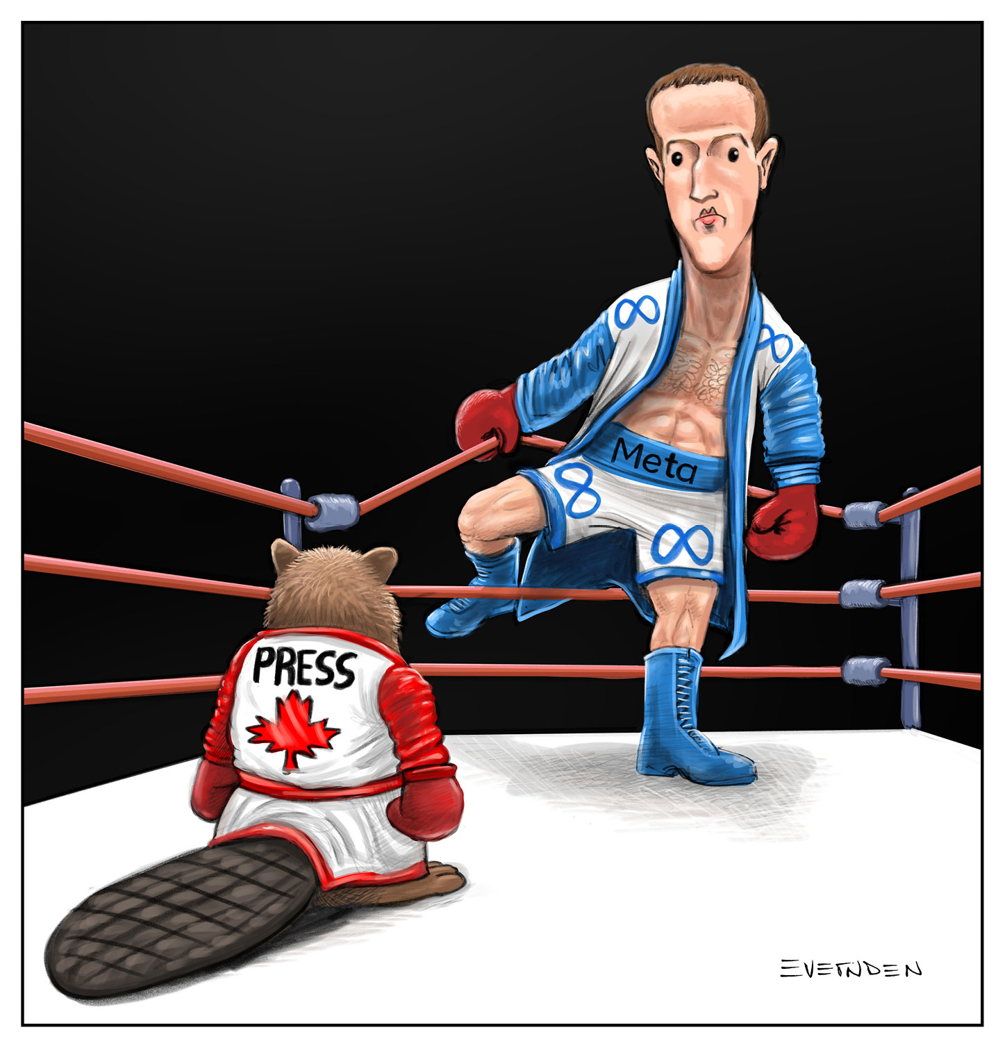 A cartoon of Mark Zuckerberg facing off against a beaver in a wrestling ring. “Press” and a maple leaf are on the back of the beaver’s shirt. “Meta” and infiny symbols are on Zuckerberg outfit. 