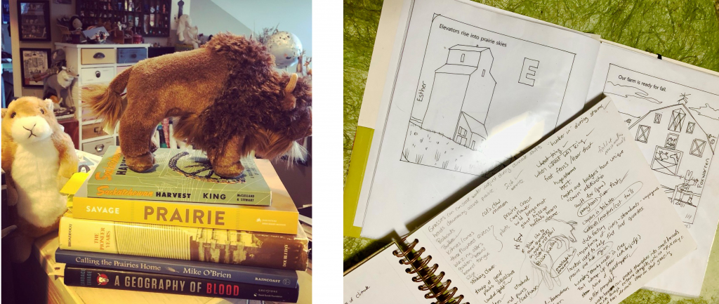 Images showing parts of Jocey Asnong's art process, including research, writing lists, doodling, and sketches
