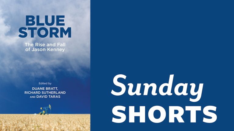 Feature Image for April 2023 Sunday Short: Sunday Shorts is written in white text on a blue background. To the left of the text is the book cover for “Blue Storm” edited by Duane Bratt, Richard Sutherland, and Lisa Young.