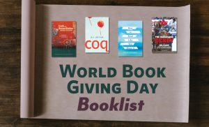 Four books are laid out on a roll of wrapping paper. Below the books is the text, "World Book Giving Day Booklist"