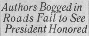Newspaper clipping: “Authors Bogged in Roads…”